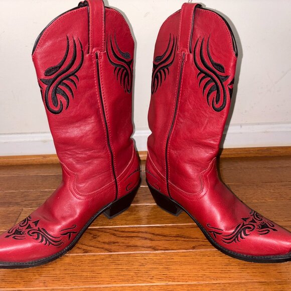 Embroidered Red Leather Western Cowboy Boots Woman Size 8 - Picture 6 of 7